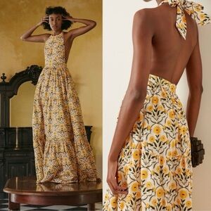 Agua by Agua Bendita Naranja Mimosa Halter Yellow Floral Maxi Dress Size XS